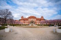 Prague, Czech Republic - March 17, 2024: Troja palace in spring with blooming sakura in Prague, Czech Republic