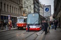PRAGUE, CZECH REPUBLIC - MARCH 5, 2016: The vintage excursion tram number 14 and modern tram number 9 parade are goes on old town