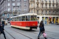 PRAGUE, CZECH REPUBLIC - MARCH 5, 2016: The vintage excursion tram number 3 parade goes on old town in Prague. on March 5, 2016