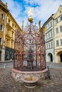 Prague, Czech republic - March 19, 2020. Water well with Czech lion symbol on the top Royalty Free Stock Photo
