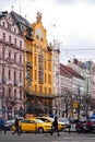 Prague, Czech Republic - March 12, 2018: Wenceslas Square - central boulevard with stylish hotel facades and yellow cabs, Prague Royalty Free Stock Photo