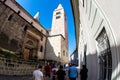 Prague, Czech Republic - May 25, 2017: Group of tourists at the eastern side of St. George`s Basilica. Prague Castle, Czech Royalty Free Stock Photo