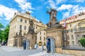 Prague, Czech Republic, May 13, 2019: Honor guard is keeping watch on duty in a booth at the entrance to Prague Castle Royalty Free Stock Photo