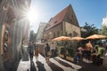 Prague, Czech Republic - May 16, 2019: The Old New Synagogue and outdoor cafe in Josefov quarter Royalty Free Stock Photo