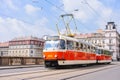 PRAGUE, CZECH REPUBLIC - MAY 2017: old tram on the cobbled central street of Prague. Royalty Free Stock Photo