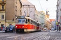 PRAGUE, CZECH REPUBLIC - MAY 2017: old tram on the cobbled central street of Prague. Royalty Free Stock Photo