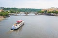 PRAGUE, CZECH REPUBLIC - MAY 30, 2017: River boat cruise to Charel`s bridge and Vltava, Prague, Czech Republic