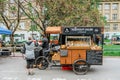 Prague, Czech Republic - May 15, 2021.Traditional farmers market in quarter of Dejvice. Seller and customer in surgical masks