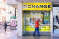 PRAGUE, CZECH REPUBLIC - MAY 2017: Travel currency exchange counter service. Money exchange shop in Prague for visitor and tourist