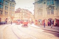 Prague, Czech Republic, May 13, 2019: Typical old retro vintage tram on tracks near tram stop in the streets Royalty Free Stock Photo