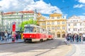 Prague, Czech Republic, May 13, 2019: Typical old retro vintage tram on tracks near tram stop Royalty Free Stock Photo