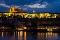 Prague, Czech Republic. Night photo of Charles Bridge, Castle and historical buildings Royalty Free Stock Photo