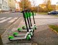 Prague, Czech Republic November 1, 2018 - Electric scooters for rent are in a park in Prague