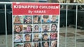 PRAGUE, CZECH REPUBLIC, NOVEMBER 1, 2023: Kidnapping children by Hamas demonstration Israel activist banner face people