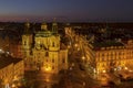 PRAGUE, CZECH REPUBLIC. On October 21, 2018. Aerial view of the Paris street in Prague and Old Town square. Night scene.