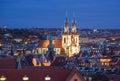Prague, Czech Republic - October 6, 2017: Beautiful evening roof view on Tyn Church and Old Town Square, Prague, Czech Republic. Royalty Free Stock Photo