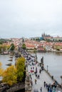 Prague, Czech Republic - October 09.2019: bell tower on the ancient Prague Charles Bridge crosses Vltava river