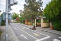 Prague, Czech republic - October 10, 2023: Children ride public bikes on one of traffic playground in Prague, Czech