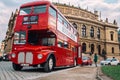 Prague, Czech Republic - OCTOBER 15 : Famous London red bus AEC Routemaster as a Cafe Bus near the Czech Philharmonic on October Royalty Free Stock Photo