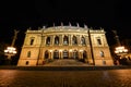 Night view on The Rudolfinum is designed in the neo-renaissance style and is situated on Jan Palach Square on the bank of the riv