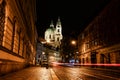 Prague, Czech Republic - October 7, 2017: Night view on St. Nicholas Church near Old Town Square and evening street of Prague, Cze Royalty Free Stock Photo