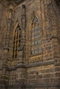 14th century St. Vitus Cathedral facade stained glass Prague. Royalty Free Stock Photo