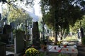 Prague, Czech Republic - October 7, 2008: Tombs and graves one morning in one of the old cemeteries of the city of Prague somewhat