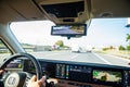 Prague, Czech republic - October 02, 2020. Yellow green electric Honda E - dashboard with screens