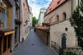 Old New Synagogue also called the Altneuschul And the street next to it. In the Jewish Quarter of Prague against a clear sky Royalty Free Stock Photo