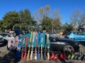 PRAGUE, CZECH REPUBLIC - 21.10.23: Old used items for sale at flea market. Sale of skis