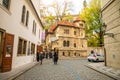 Prague, Czech Republic - 6.11.2019: People are walking towards The Klausen Synagogue in Prague, Czech Republic Royalty Free Stock Photo