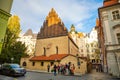 Prague, Czech Republic - 6.11.2019: People are walking towards Staronova synagogue in Jewish town in Prague, Czech Republic Royalty Free Stock Photo