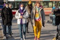 11/16/2020. Prague, Czech Republic. People wearing masks crossing the street close to Hradcanska tram stop during quarantine