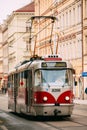 Prague, Czech Republic. Public Old Retro Tram Of Route Number Seven With Female Woman Driver Moving