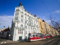 Prague, Czech Republic, red tram passing through Nove Mesto