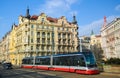 Prague, Czech Republic, red tram passing through Nove Mesto