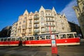 Prague, Czech Republic, red tram passing through Nove Mesto