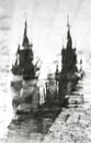 Prague, Czech Republic: a reflection in a puddle of the Cathedral. An artistic image. Black and white photo.