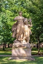 sculpture of slavic mythical figures - statues of Lumir and Song on pedestal in Vysehrad, Prague, Czech republic