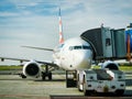 Prague, Czech Republic - September 17, 2012. Airplane ready for boarding passengers Royalty Free Stock Photo