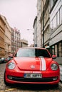 Front View Of Red Volkswagen New Beetle Cabriolet Car Parked In Street. Royalty Free Stock Photo