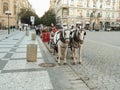 Prague, Czech Republic - September 27, 2020:horse-drawn carriage, Old Town Square markets, restaurants, People crowded at the Old