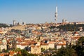 Prague, Czech republic - September 19, 2020. Panorama of capital with main dominant of Zizkov Tower and Charles bridge Royalty Free Stock Photo