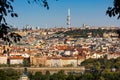 Prague, Czech republic - September 19, 2020. Panorama of Moldau Vltava riverbank with view to the city, Zizkov Tower and Pragues