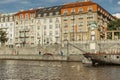 Prague, Czech Republic -September 3, 2020.People walking and sitting at Rasin Embankment, CZ: Naplavka.Riverfront buildings,