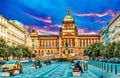 PRAGUE,CZECH REPUBLIC- SEPTEMBER 06, 2015: People on Wenceslas Square in Prague at night, dusk time,top view.Square is located in Royalty Free Stock Photo