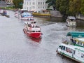 PRAGUE, CZECH REPUBLIC - SEPTEMBER 6, 2017. River boat cruise to Charles bridge and Vltava, Prague, Czech Republic Royalty Free Stock Photo