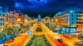 PRAGUE,CZECH REPUBLIC- SEPTEMBER 06, 2015: Wenceslas Square in Prague at night, dusk time,top view.Square is located in the center Royalty Free Stock Photo