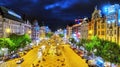 PRAGUE,CZECH REPUBLIC- SEPTEMBER 06, 2015: Wenceslas Square in Prague at night, dusk time,top view.Square is located in the center Royalty Free Stock Photo