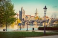 Prague, Czech Republic skyline with historic Charles Bridge and Vltava river. Vintage